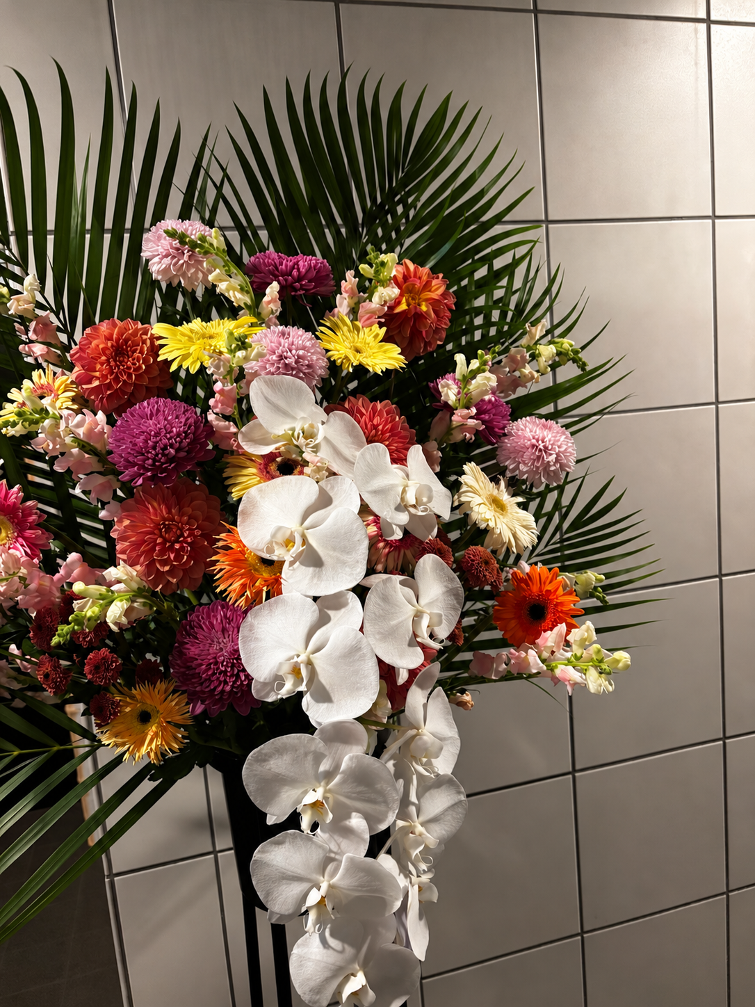 明石市のバーへ和田生花がお届けした、胡蝶蘭と色鮮やかな花を使った周年祝いのスタンド花