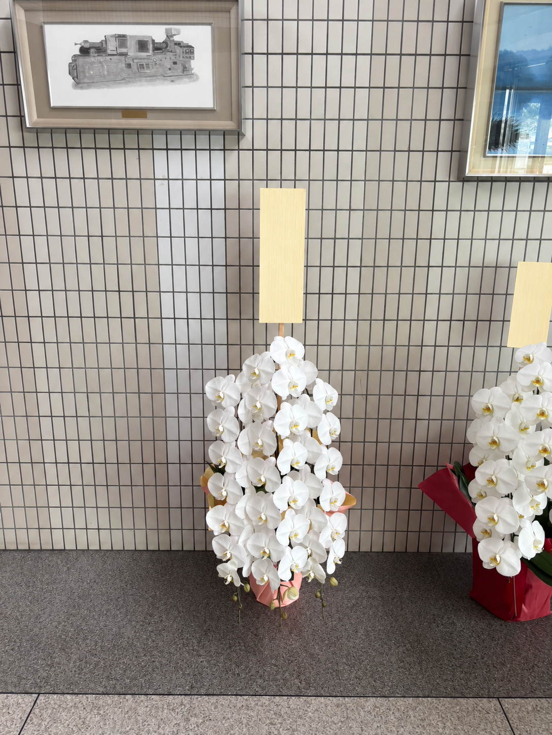 明石でのお祝いに和田生花がお届けした、受付に飾られた白い胡蝶蘭