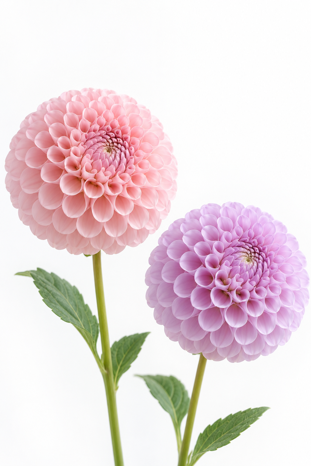 白い背景に淡いピンクとラベンダーのダリア