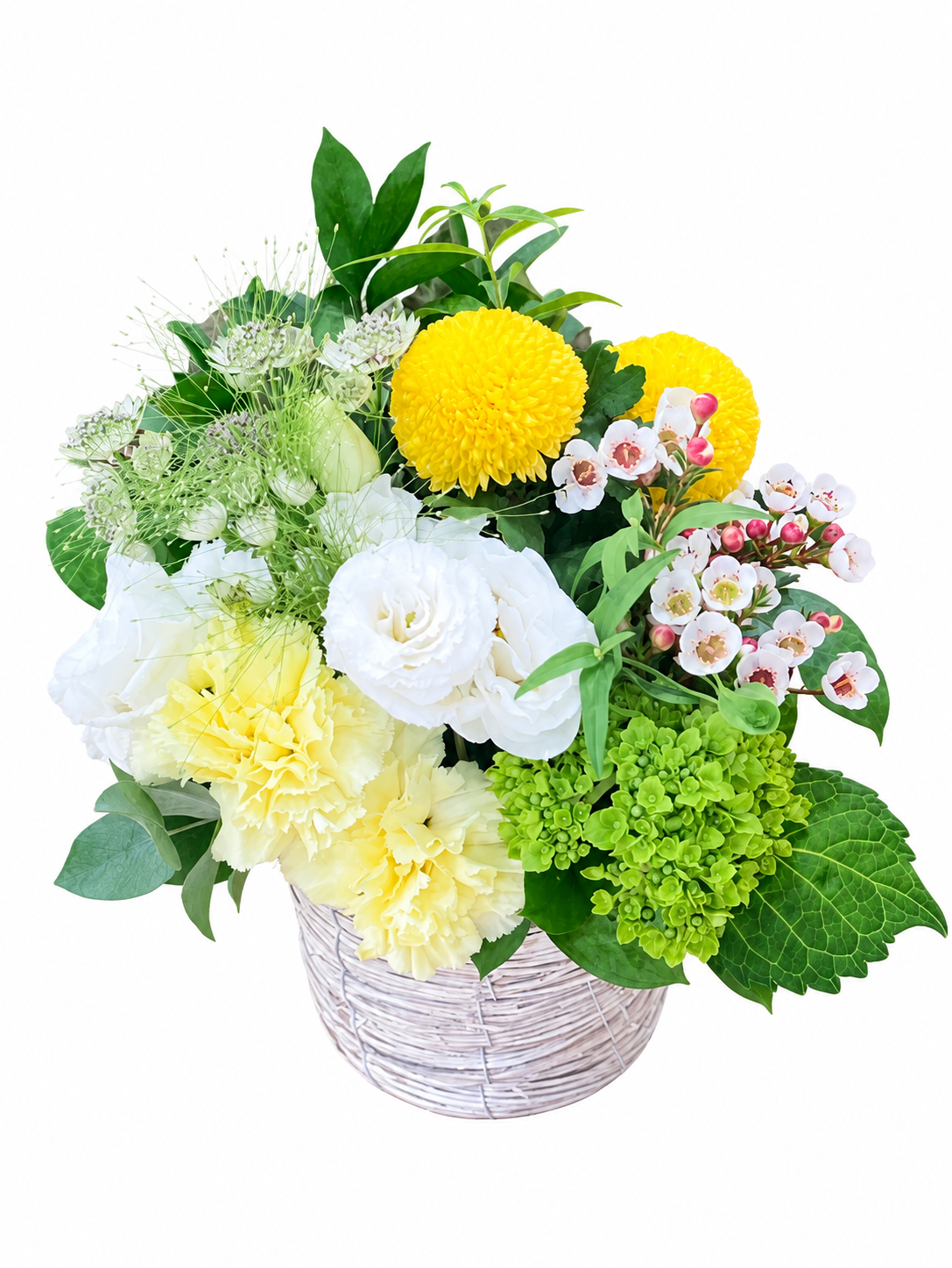黄色のお花を添えたお供えアレンジ